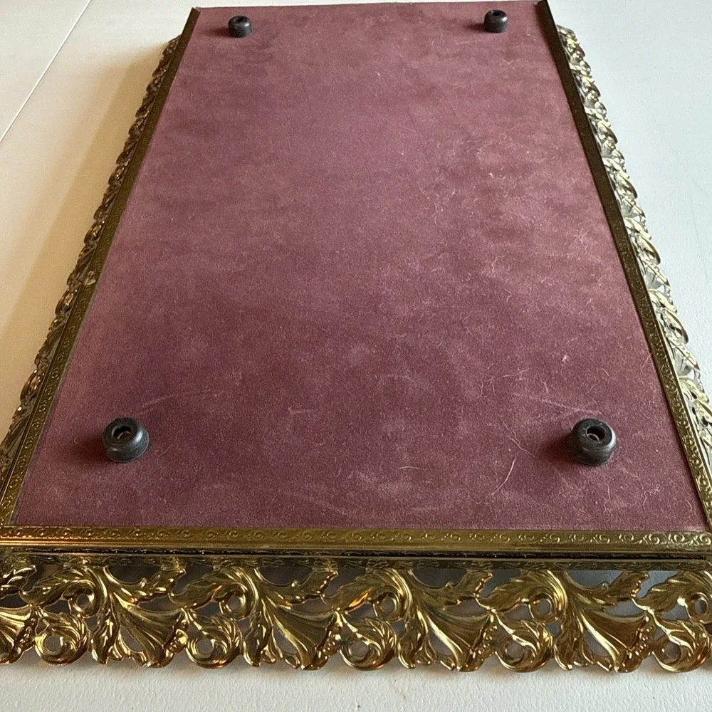 Vintage Gold Tone Filigree Hollywood Regency Vanity Mirror Tray 15x10
